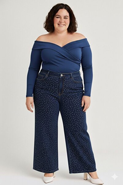 ELONİ Super Battal Large Size Wide Leg Stretch Fabric Stone Denim Pants