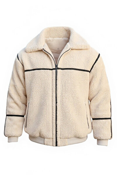 Valiberta Lined Ş Striped Detail Plush Men's Coat - Ecru