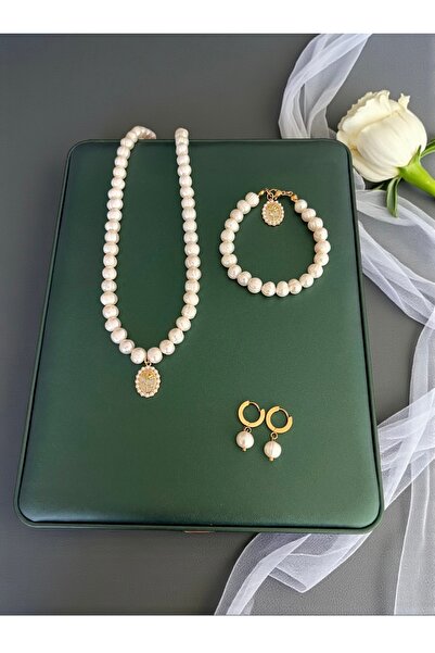 Harikalar Aksesuar Sertifikalı Gerçek Doğal Beyaz Inci Kadın Bileklik Küpe Kolye Çelik Klips Oval Gül Charm