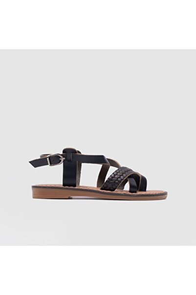 TOGO Siyah Kadın Örgü Detaylı Düz Sandalet [060128]