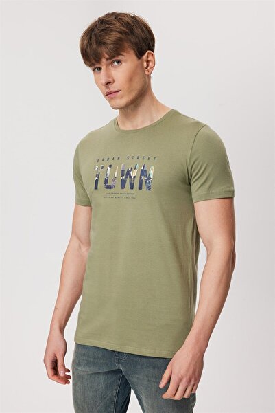 Lee Cooper Ανδρικό μπλουζάκι Town 100% βαμβακερό με λαιμόκοψη σε σχήμα O, χακί