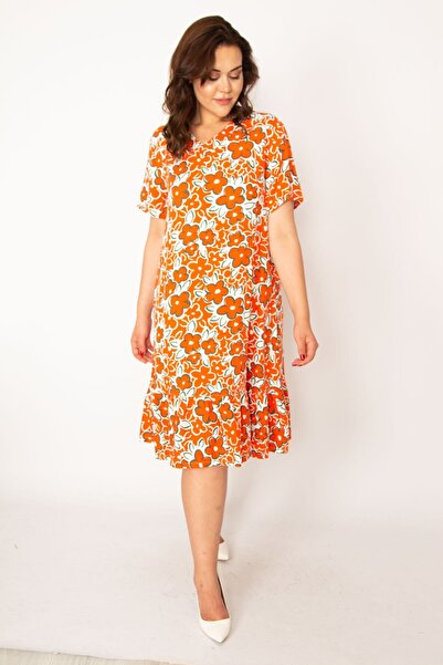 Şans Women's Large Size Orange Woven Viscose Fabric Hem Tiered Dress 65n33530