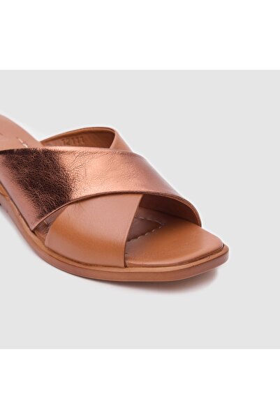 TOGO Taba Bronz Hakiki Deri Kadın Topuklu Terlik [060195]