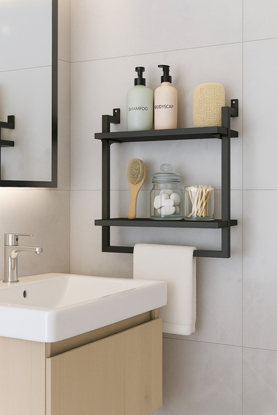 Euromob 40x20 cm Banyo Rafı Duvara Monte Havluluk 2 Katlı Dekoratif Düzenleyi...