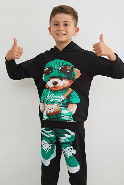 Fulla Moda Teddy Bear Printed Hooded Jogger Boy's Set