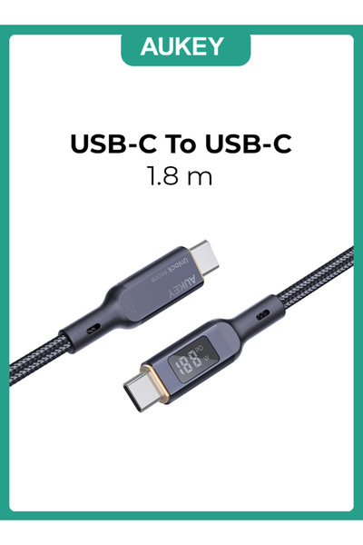 AUKEY كابل USB-C إلى USB-C مضفر من النايلون بتقنية PD بقوة 100 وات مع شاشة LCD بطول 1.8 متر MCC102 أسود