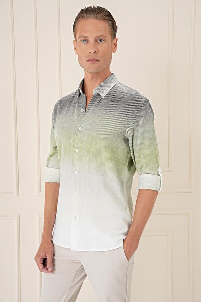 Efor Comfort Fit Apoletli Degrade Desen Esnek Pamuk Yeşil Gömlek G 1575