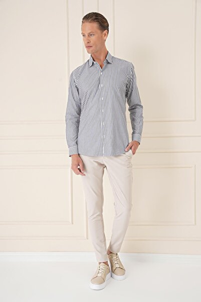 Efor Slim Fit Dikine Çizgili %100 Pamuk Klasik Lacivert Beyaz Gömlek Gk 721