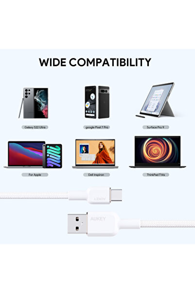 AUKEY 1 M Nylon Braided Usb-a To C Cable Cb-nac1 White