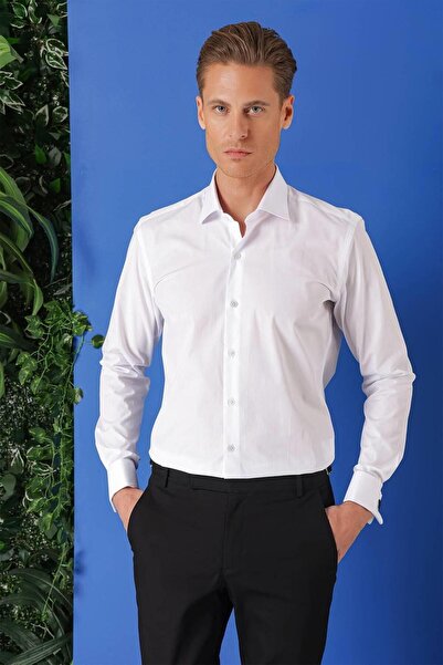 Efor Slim Fit Duble Manşet %100 Pamuk Klasik Beyaz Gömlek Gk 682