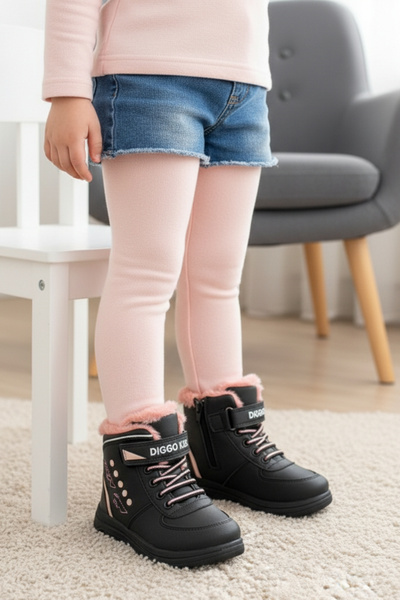 DİGGO KİDS Sıcak Tutan Peluş Astarlı İçi Kürklü Fermuarlı Siyah Pembe Kız Çocuk Bot