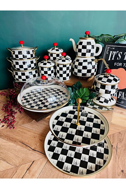 CASA DE BELLA طقم أواني شاي مكون من 14 قطعة بنمط داما مطلي بالمينا