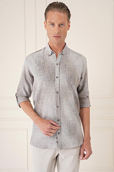 Efor Comfort Fit Batik Desen %100 Keten Bej Gömlek G 1571