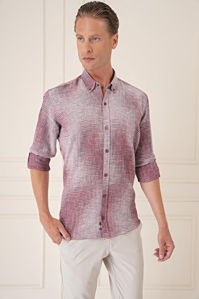 Efor Comfort Fit Batik Desen %100 Keten Bordo Gömlek G 1571