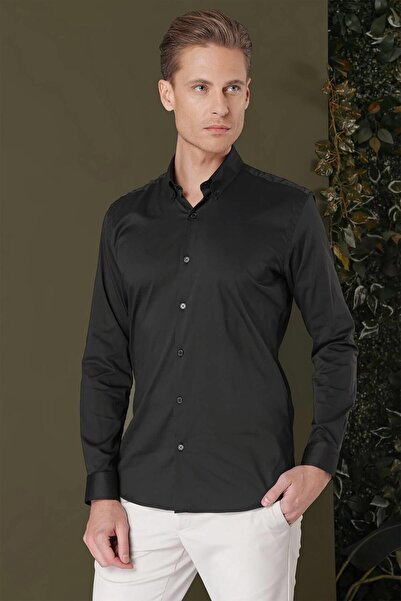Efor Men's Slim Fit Buttoned Collar Stretch Cotton Classic Black Shirt Gk 708
