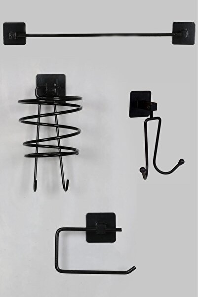 KARTEYA Yapışkanlı 4 lü Siyah Fön Makinesi Askısı Havlu Askısı Wc Tuvalet Kağ...