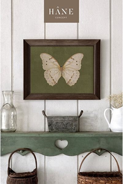 Hane Concept Vintage Kelebek Tablosu, Çerçeveli Cottagecore Yeşil Fon Duvar Dekoru, Country Tarzı Tablo