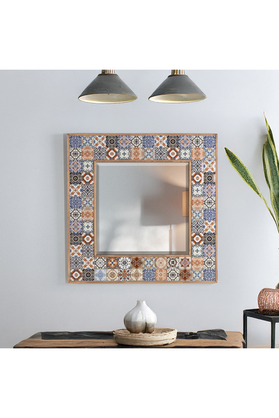 bluecape Esperanza Seramik 74x74 Cm Doğal Ağaç Çerçeveli Dekoratif Ayna