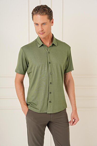Efor Comfort Fit Spor Yaka Kısa Kol Esnek Pamuk Haki Gömlek G 1573