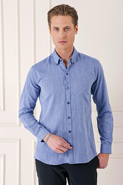 Efor Erkek Slim Fit Düğmeli Yaka %100 Pamuklu Klasik Koyu Mavi Gömlek Gk 723