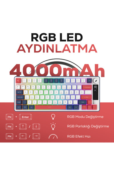 Hawk Gaming Chair HK255 Membrane LCD RGB Kablosuz/Bluetooth Mavi Kırmızı %75 Türkçe Gaming Oyuncu Klavye