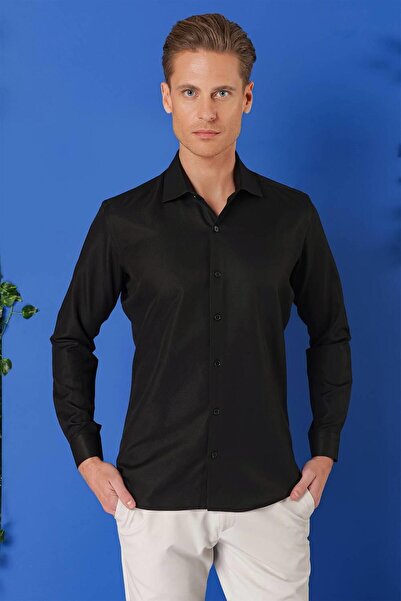 Efor Gk 719 Slim Fit Dokulu Pamuklu Klasik Siyah Gömlek