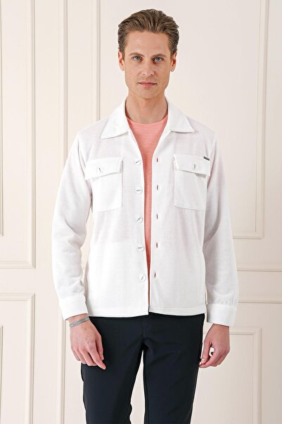 Efor Comfort Fit Kapaklı Cep Fitilli Dokuma Esnek Pamuk Ekru Gömlek Ceket G 1561