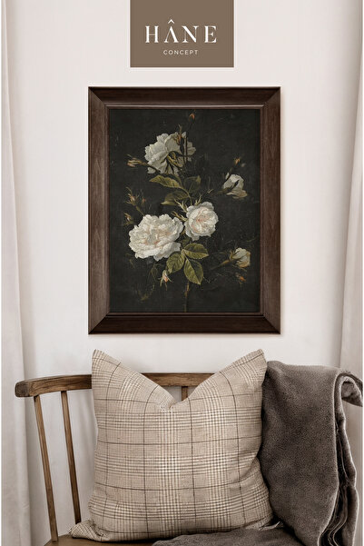 Hane Concept Vintage Beyaz Gül Tablosu, Klasik Çerçeveli Karanlık Fonlu, Hâne Concept Özel Tasarım