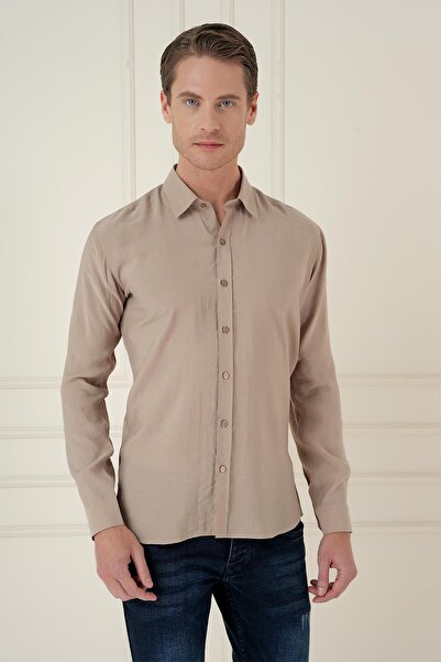 Efor Slim Fit %100 Modal Uzun Kol Klasik Bej Gömlek Gk 743