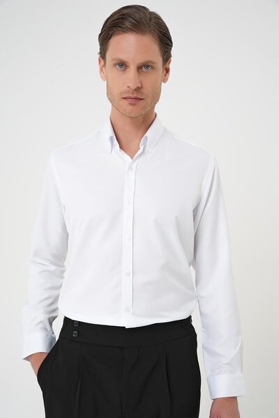 Efor Slim Fit Düğmeli Yaka Pamuklu Klasik Beyaz Gömlek Gk 736