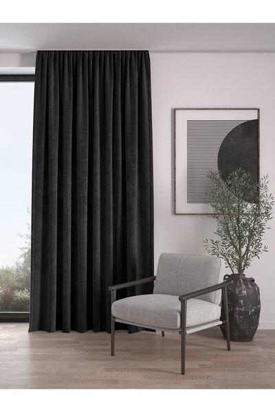 Demor Home Velvet Textured Extrafor Gathered Panther Black High Quality Background Curtain Single Wing