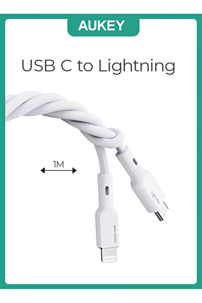 AUKEY Silicone Sync & Charge MFI Cable USB-C To Lightning 1M SCL1 White