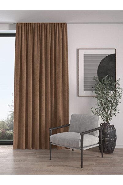 Demor Home Velvet Textured Extrafor Gathered Chocolate Brown Color High Quality Fund Curtain Single Wing
