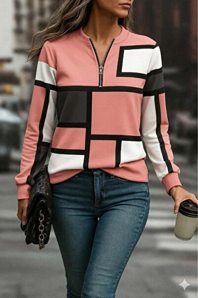 Lady Moss Γυναικεία μπλούζα με μακρύ μανίκι με φερμουάρ στο λαιμό με σχέδιο ε...