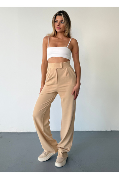 BEJNA Γυναικείο παντελόνι Velcro Lycra Palazzo σε μπεζ χρώμα