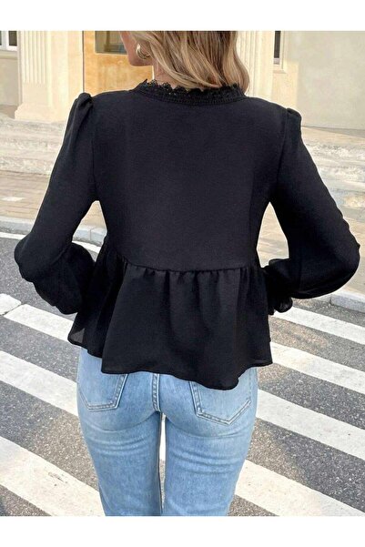 ARONA Women's Long Sleeve V Lace Neck Aerobin Blouse