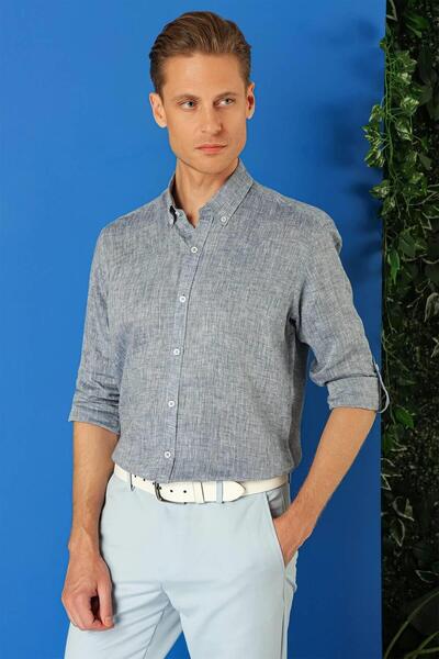 Efor Comfort Fit Düğmeli Yaka %100 Keten Apoletli Casual Lacivert Gömlek G 1564
