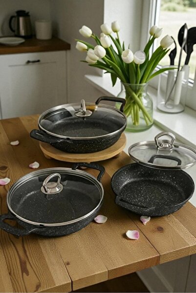 Evse Mutfak Sanatı 3 Lü Döküm Sahan Seti Cam Kapaklı Tava 18-20-22 CM