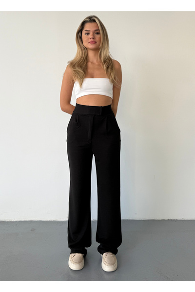 BEJNA Damskie spodnie Palazzo w kolorze czarnym, zapinane na rzepy i Lycra