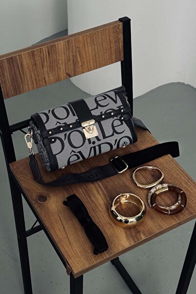 Levidor Black Text Printed Chain Detail Shoulder Bag