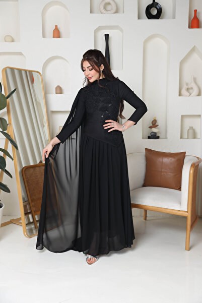 Nice Model Long-sleeved, beaded and floral embroidered chiffon A-line formal ...