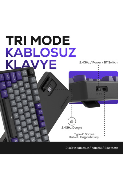 Hawk Gaming Chair HK258 Membrane LCD RGB Kablosuz/Bluetooth Gri Mor Full Türkçe Gaming Oyuncu Klavye