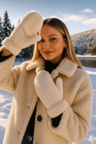 Axesoire 16011 Peluş Yumuşak Tuşeli Bej Eldiven