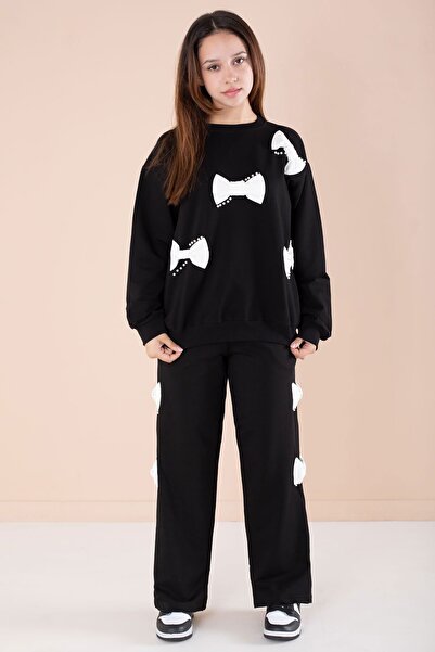 Cansın Mini Black Bow and Pearl Detailed Girls' Crew Neck 2-Piece Tracksuit Set 21205