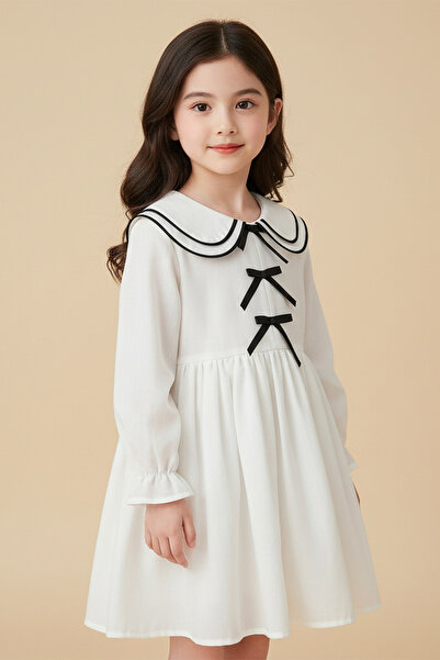 ALYRA Κοριτσίστικο φόρεμα Χριστουγέννων σε κορεάτικο στυλ με μακρυμάνικο γιακά μωρού με λεπτομέρεια φιόγκου με επένδυση από λινό