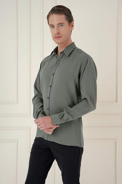 Efor Slim Fit %100 Modal Uzun Kol Klasik Haki Gömlek Gk 743