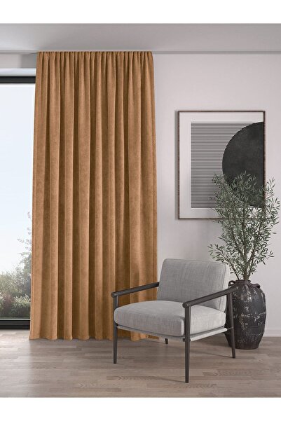 Demor Home Velvet Textured Extrafor Gathered Cashew Color High Quality Background Curtain Single Wing