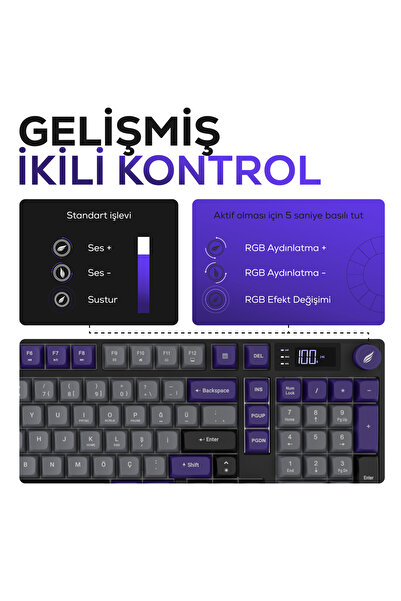 Hawk Gaming Chair HK258 Membrane LCD RGB Kablosuz/Bluetooth Gri Mor Full Türkçe Gaming Oyuncu Klavye