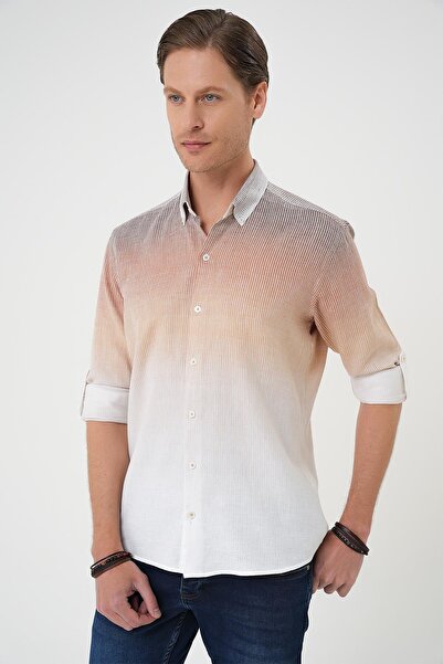 Efor Comfort Fit Apoletli Degrade Desen Esnek Pamuk Bej Gömlek G 1575