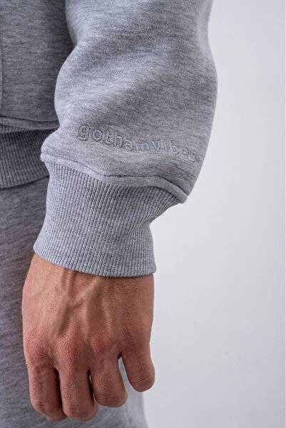 gothamvibes Erkek Oversize Fermuarlı Kapüşonlu Gri Sweatshirt